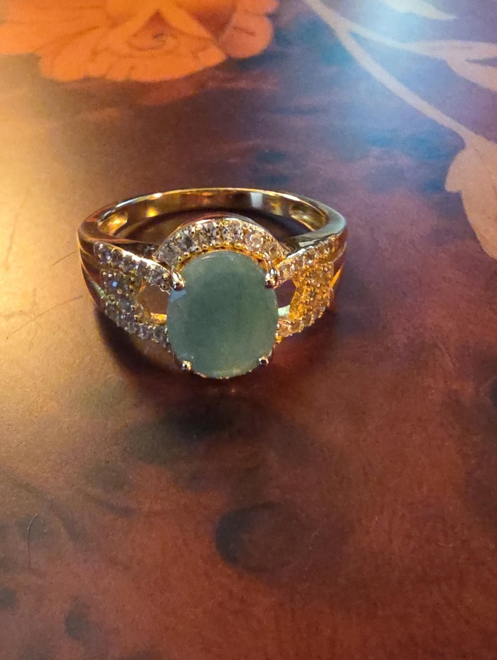 JTV Emerald With Zircon 18K Yellow Gold Over Silver Ring SZ 10